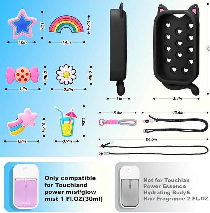 Juome Hand Sanitizer Spray Case for Touchland with Adjustable Keychain Lanyard & Charms, Cat Silicone Protective Holder for Touch Land Mist Case 1FL. OZ, Travel Cover Sleeve Accessory - Black
