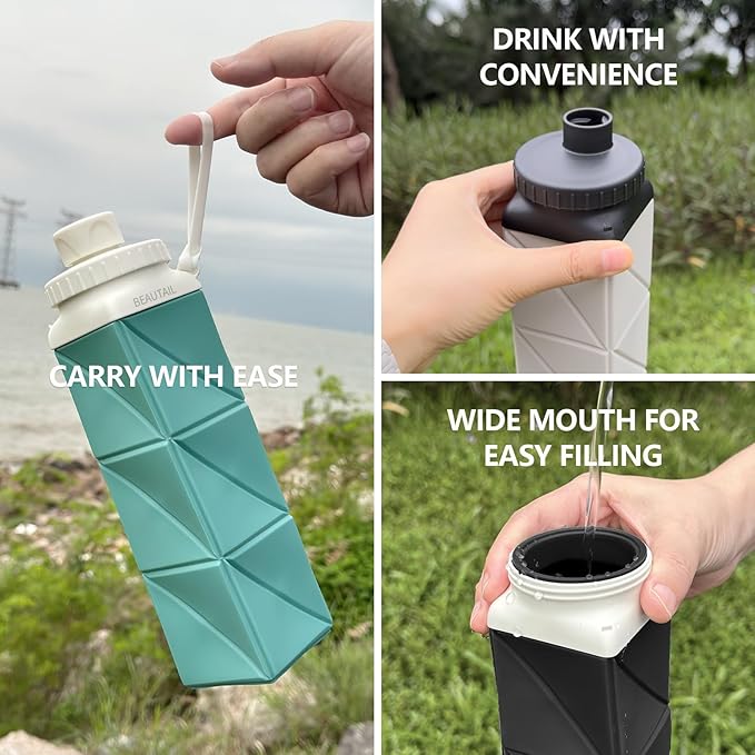 BEAUTAIL Collapsible Water Bottles, Silicone Foldable Water Bottle 610ml, BPA-Free Portable Reusable Leakproof Bottle for Gym Travel Camping Hiking Sports Outdoor, 1 Pack (Blue)