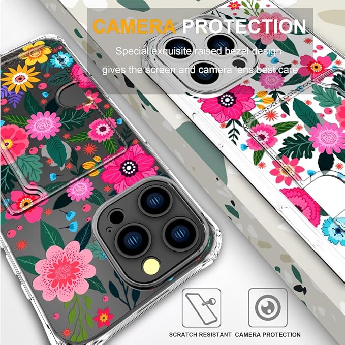 Compatible with iPhone 16 Pro Case Card Holder for Women Cute Design,Wallet Phone Cases Transparent Cool Kawaii Protective (Clear Floral Spring Blossom)