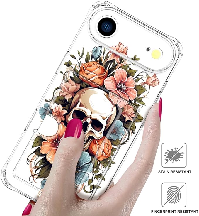 Compatible with iPhone 17 Air Case Card Holder for Women Cute Design,Wallet Phone Cases Transparent Cool Kawaii Protective (Clear Skull & Flowers)