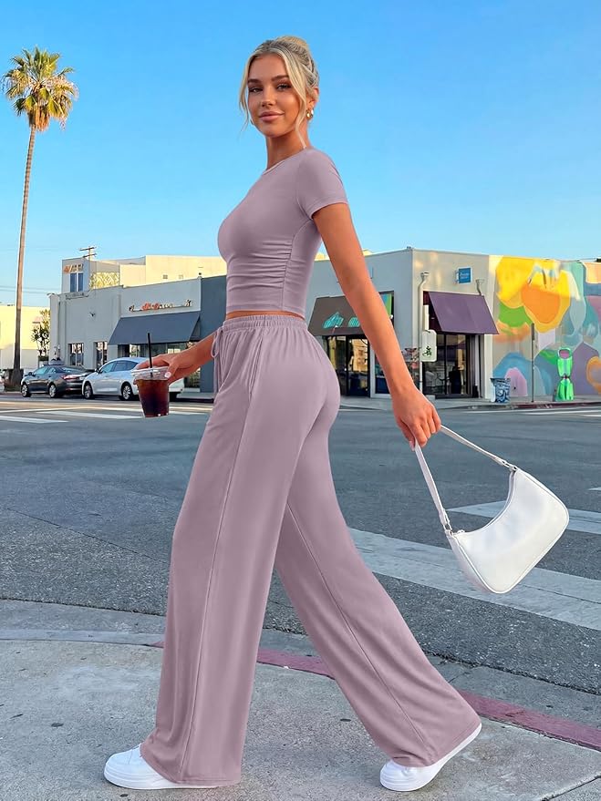 Trendy Queen 2 Piece Matching Summer Lounge Set Womens Side Ruching Top Wide Leg Pants Sets with Pockets