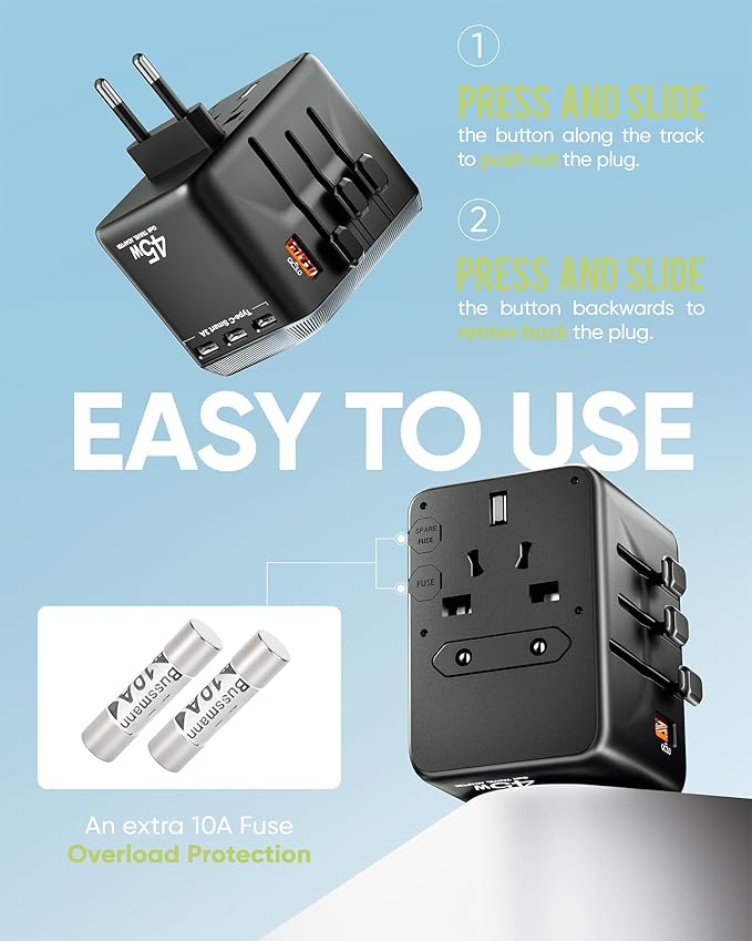 TenTrend Universal Travel Adapter, 45W International Power Adapter with 4 USB-C & 1 USB-A Ports, European Travel Plug Adapter, Worldwide Travel Essentials for EU UK AUS USA