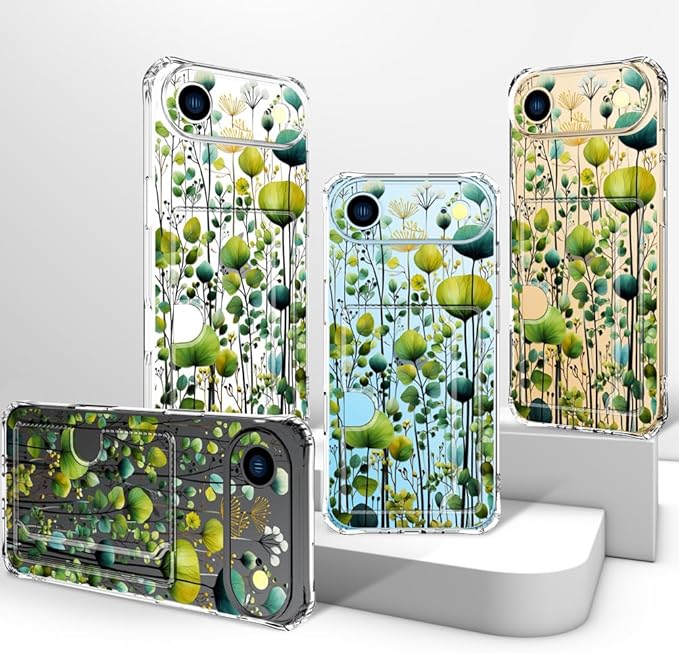 Compatible with iPhone 17 Air Case Card Holder for Women Cute Design,Wallet Phone Cases Transparent Cool Kawaii Protective (Clear Green Flower Leaves Buds)
