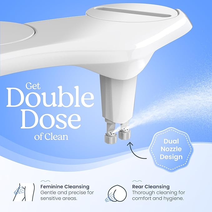 CLEAR REAR Bidet Attachment for Toilet Seat - Non-Electric with Self Cleaning Dual Nozzles, Leak Proof Connectors, Adjustable Water Spray, Rear & Feminine Wash - Hygienic Bathroom Upgrades (Black)