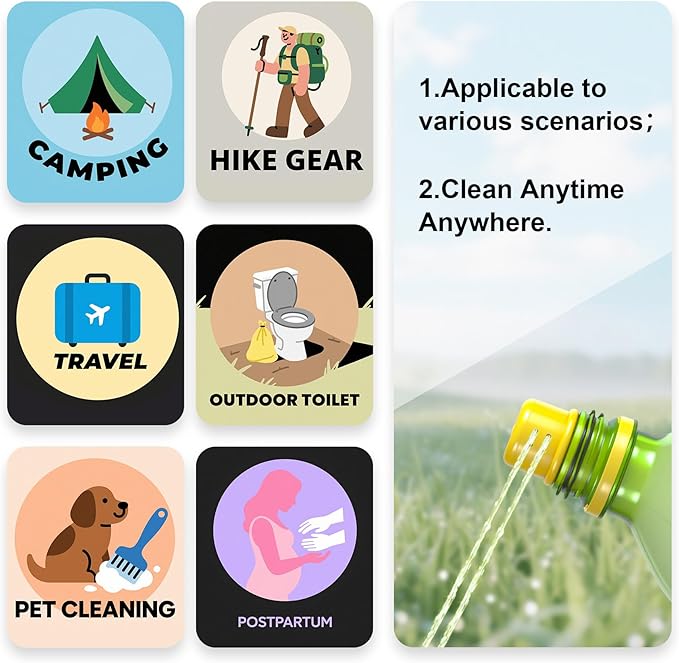 Ultralight Portable Bidet – Compact Shattaf for Travel, Camping, Hiking. 360° Spray Nozzles, Universal Bottle Adapter (Fits Any Plastic Bottle). Ideal for Postpartum, Menstrual & Pet Care.
