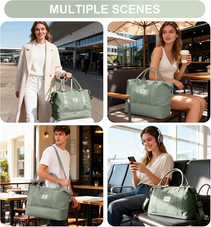 Travel Duffel Bag, 18x14x8 Inches Travel Bag Spirit with Shoes Compartment, Weekender Overnight Bag for Women with Trolley Sleeve, Carry On Bag for Airplanes Sport Tote Gym Bag(BeigeGreen).
