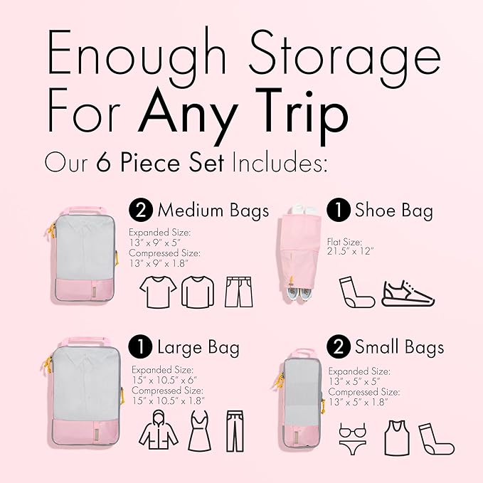 (Not Made In China) Compression Packing Cubes For Travel, Suitcase and Luggage Space Saver Organizer Bags, Lightweight, Waterproof, Durable, 6pc Set, Pink