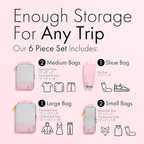(Not Made In China) Compression Packing Cubes For Travel, Suitcase and Luggage Space Saver Organizer Bags, Lightweight, Waterproof, Durable, 6pc Set, Pink