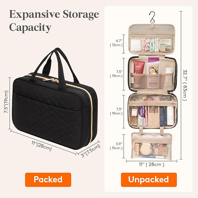 Lifewit Travel Toiletry Bag with Hanging Hook, Cosmetic Organizer with Comparment for Women & Men, 4L Makeup Bag for Travel Size Essentials, Black