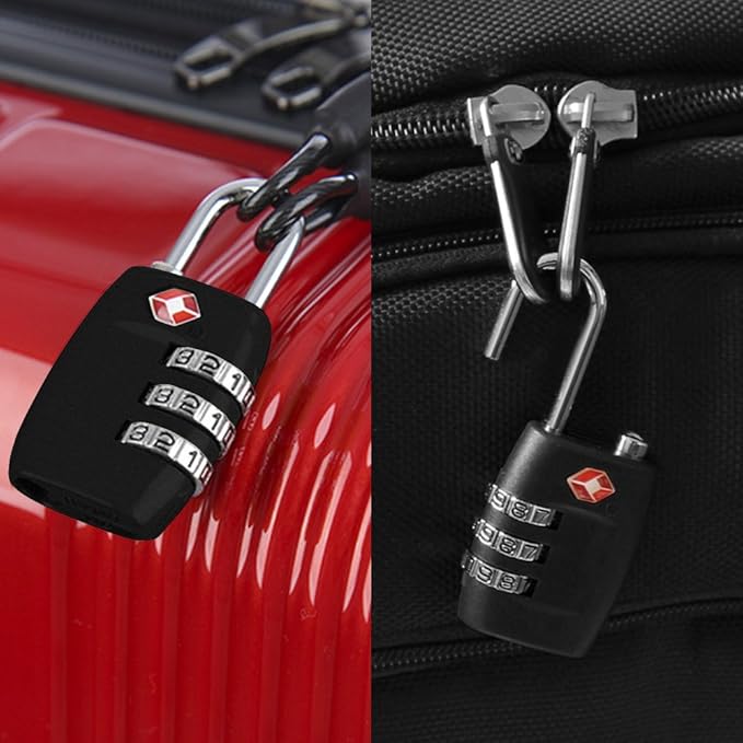 DanziX TSA Approved Lock and 4 Colors Stainless Steel Safety Tether，3-Dial Combination Travel Luggage Lock with Lanyard Security Cable for Protect Your Different Sizes of Bags,Suitcase,Baggage Black