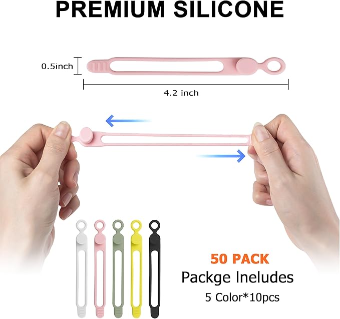 Nearockle 50Pcs Silicone Cable Ties Cord Organizer for Bundling Earphone, Phone Charger, Computer Cords, Reusable Cable Ties Wire Organizer in Home,Office,Kitchen,School (5 Colors)