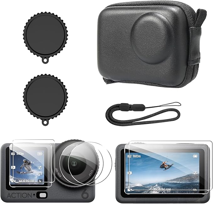 OSMO Action 6 Accessories, PU Portable Mini Carrying Bag Case, Lens Screen Protectors (6 Pack) Comatible with DJI Osmo Action 6 Pro, Rubber Lens Cap Cover for DJI Action 6
