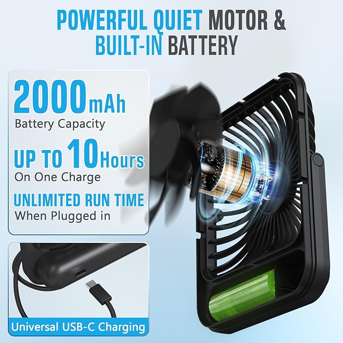 Small Travel Fan For Sleeping, USB-C Rechargeable Battery Powered Personal Mini Desk Fan for Office, Bedroom, Hotel Room - Folding Flat, Easily Portable & Travel-Ready, Battery Saving Display & Timer