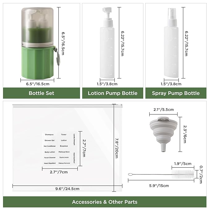 SESENSE 4-in-1 Travel Bottles for Toiletries, TSA Approved Travel Size Toiletries, Leak Proof Refillable Travel Size Shampoo and Conditioner Sets with Wall-Mountable Suction Cup, Green