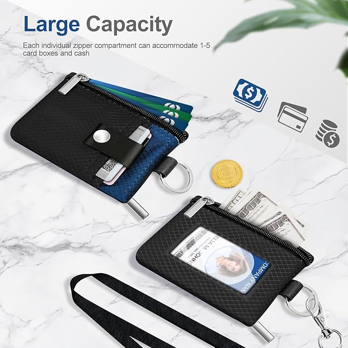 Minimalist RFID Blocking Small Wallet with ID Window,WaterResistant Zip Id Case Wallet with Lanyard Keychain for Cards,Cash,Travel,Women,Men (Black/Electric Blue)