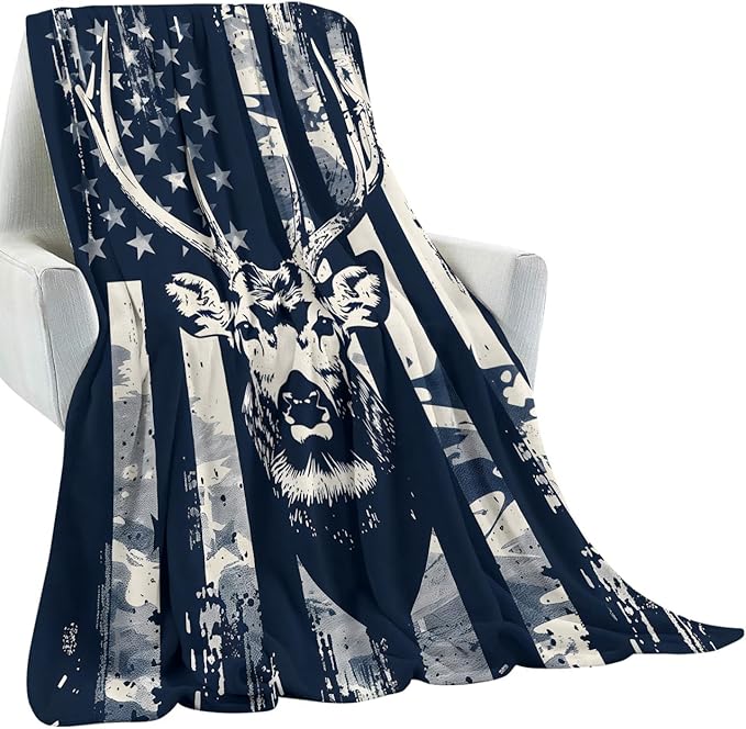 Camo Deer Head Blanket Gifts for Hunters Adult Women Men,American Flag Throw Blankets,Soft Comfy Lightweight for Room Couch Bed Sofa Modern Rustic Decor,Patriotic Lover 60x80in