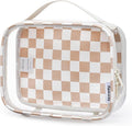 Narwey TSA Approved Clear Toiletry Bag for Travel Waterproof PVC Clear Makeup Bags, Portable Compact Cosmetic Bag Make Up Organizer, Airport Airline Quart Size Compliant Bag (Light Brown Checkerboard)