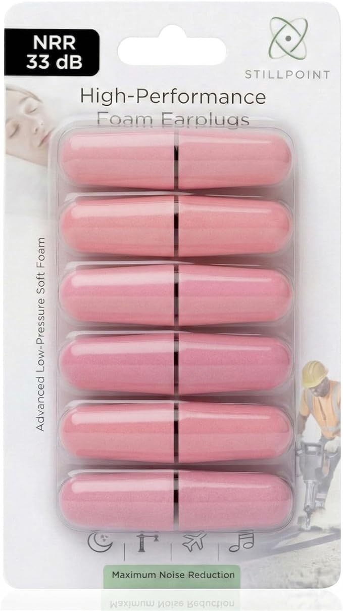 Soft Foam Earplugs, 33 dB NRR, (6 Pair 12 Ear Plugs) Maximum Protection for Sleeping; Silence Snoring, Airplanes, Airports, Power Tools, Phone Conversations, Loud Work Environments (Pink)