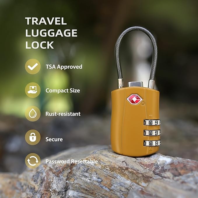 TSA Locks for Luggage, Small Padlock Combination with Cable, Luggage Locks TSA Approved, Combo Padlock with Code, for Travel Suitcase, Gym Locker, Gun Case, Backpack Zipper (Black+Golden)
