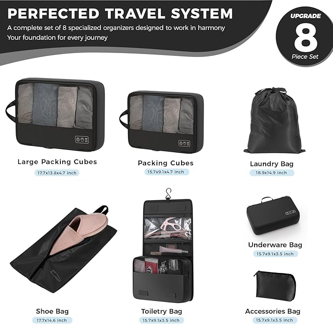 8-Piece Compression Packing Cubes for Travel, Ultralight Sleek Luggage Organizer Set for Business Trips & Frequent Travelers, Space Saving for Carry-On & Suitcase - Black