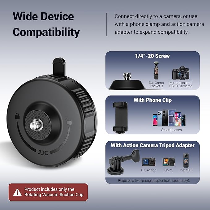 JJC Portable Camera Suction Cup Mount with 1/4" Male Screw, Twist-Lock Vacuum Suction Mount Compatible with DJI Pocket 4/3, Action 6, Gopro Hero 13/12, Insta360 X5 & Phones for Video Recording Filming