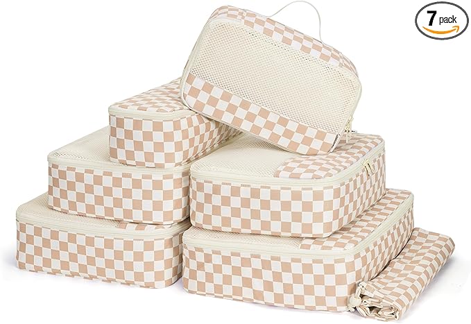 Narwey 7 Set Checkered Packing Cubes for Travel Carry on Suitcase Luggage Organizer Bags for Kids Women Men, Durable Packing Organizers Bag, Travel Essentials Accessories (Light Checkerboard)