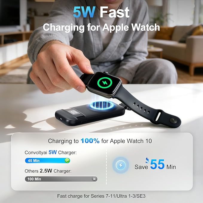 5W Fast Portable Charger for Apple Watch, 2500mAh & Digital Display – Magnetic Fast Charging iWatch Charger for Travel – for Apple Watch Series