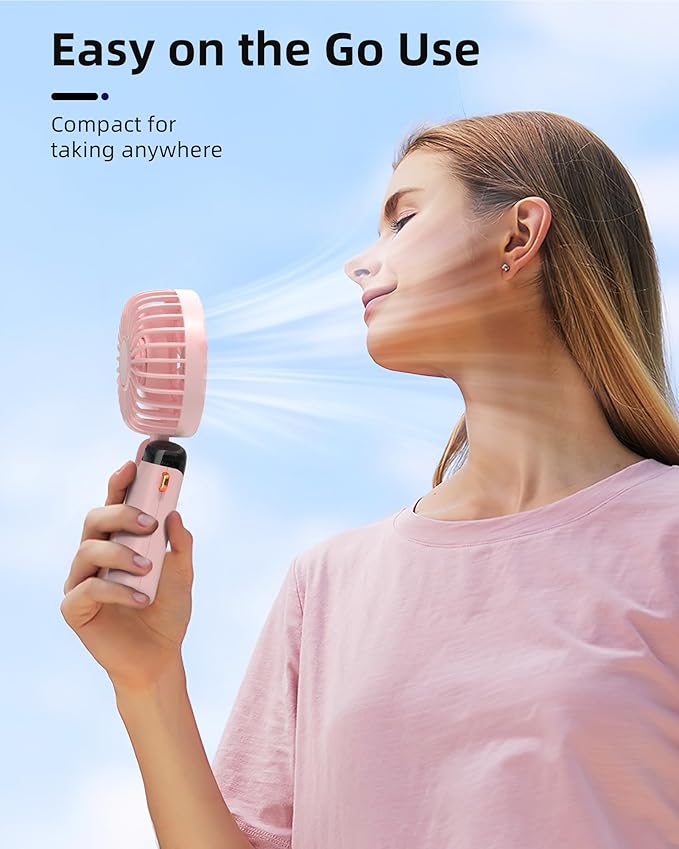 Koonie Portable Handheld, Battery Operated with Base, 8 Hours, Digital Display, 5 Speeds, 90° Ajustable, Rechargeable Mini for Outdoor Indoor Pink