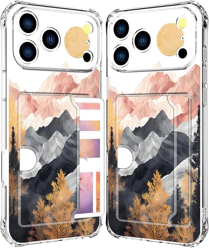 Compatible with iPhone 17 Pro Case Card Holder for Women Cute Design,Wallet Phone Cases Transparent Cool Kawaii Protective (Clear Mountain Hill Landscape)