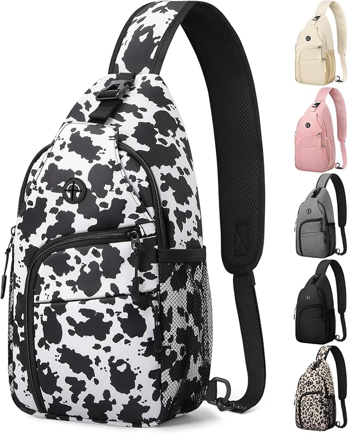 Pritent Crossbody Bags for Women Man Waterproof Sling Bag Backpack Trendy Casual Cross Body Bag with Convertible Shoulder Strap Chest Bag for Camping Hiking Travel Essentials (Cow print, Large )