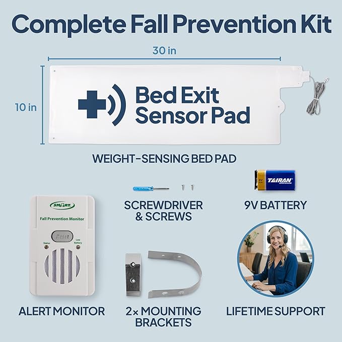 Smart Caregiver Bed Alarm for Elderly Adults – Fall Prevention System with 10"x30" Weight-Sensing Bed Pad – Automatically Alerts Caregiver When They Get Up