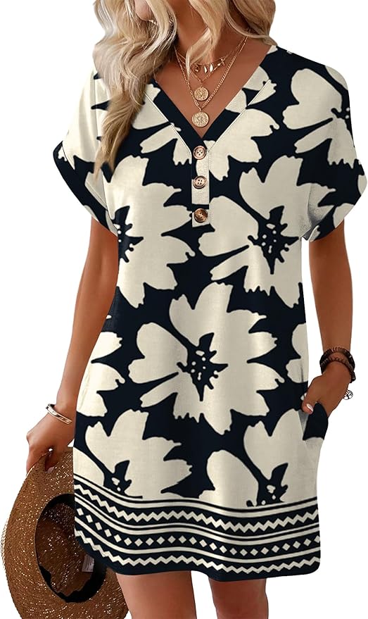 WIHOLL Summer Dresses for Women with Sleeves Midi Dress Button Down Beach Vacation Casual Dresses Fashion Clothing