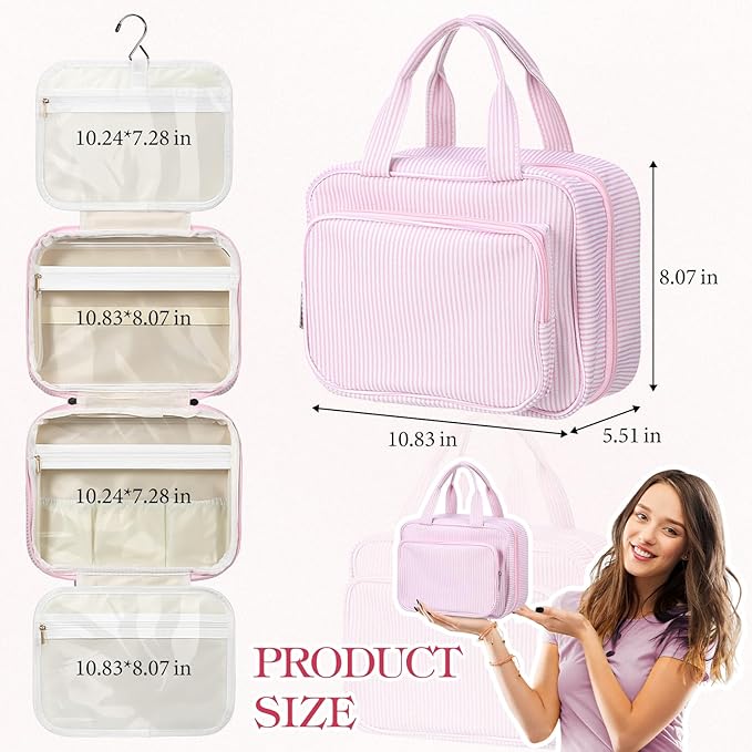 Huhumy Hanging Toiletry Bag for Women with Detachable Pouch, Travel Toiletry Bag, Travel Size Toiletries, Cosmetic Bags, Seersucker Makeup Bags Gifts for Her Mom Girlfriend Wife Teacher(Pink)