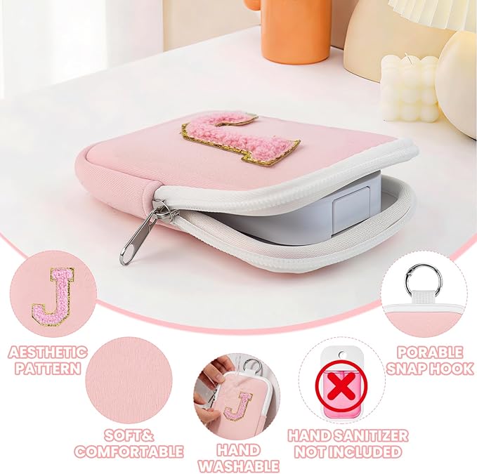 Shenier Alphabet Zippered Case with Keychain, Cute Design, Compatible with Touchland Power Mist Gentle/Glow Mist Hand Sanitizer Spray, Pink-J