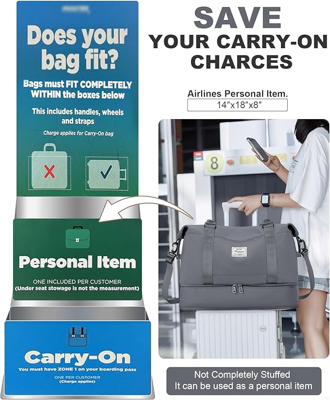 Spirit Travel Duffel - 18x14x8 Inches Weekender Overnight Bag with Shoes Compartment, Trolley Sleeve & Carry On for Airplanes, Sport Tote Gym Bag - Grey
