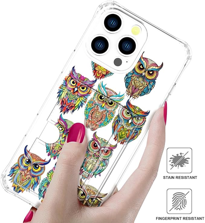 Compatible with iPhone 16 Pro Case Card Holder for Women Cute Design,Wallet Phone Cases Transparent Cool Kawaii Protective (Clear Colorful Owls Cartoon)