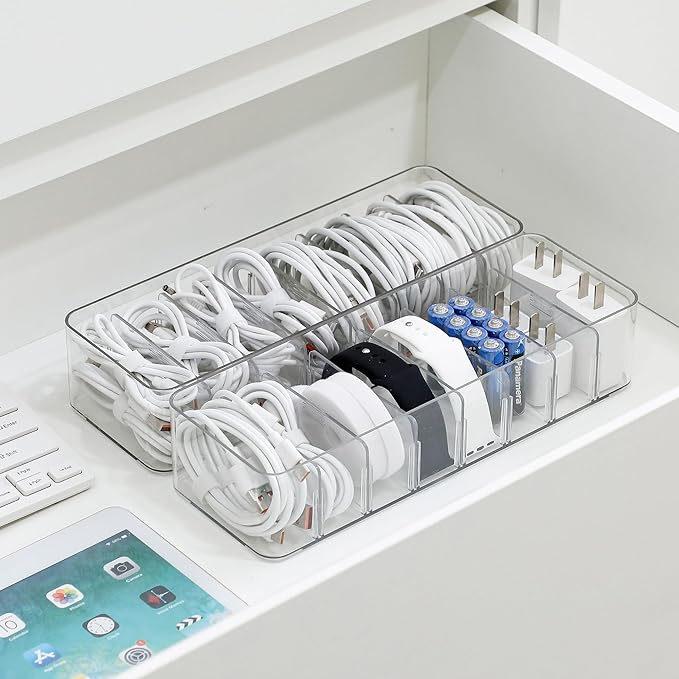 2 Pack Cable Cord Storage Box, Plastic Desk Drawer Organizer Case for Home Office Supplies, Art Crafts, Electronic Accessories, Phone Charger and Wires