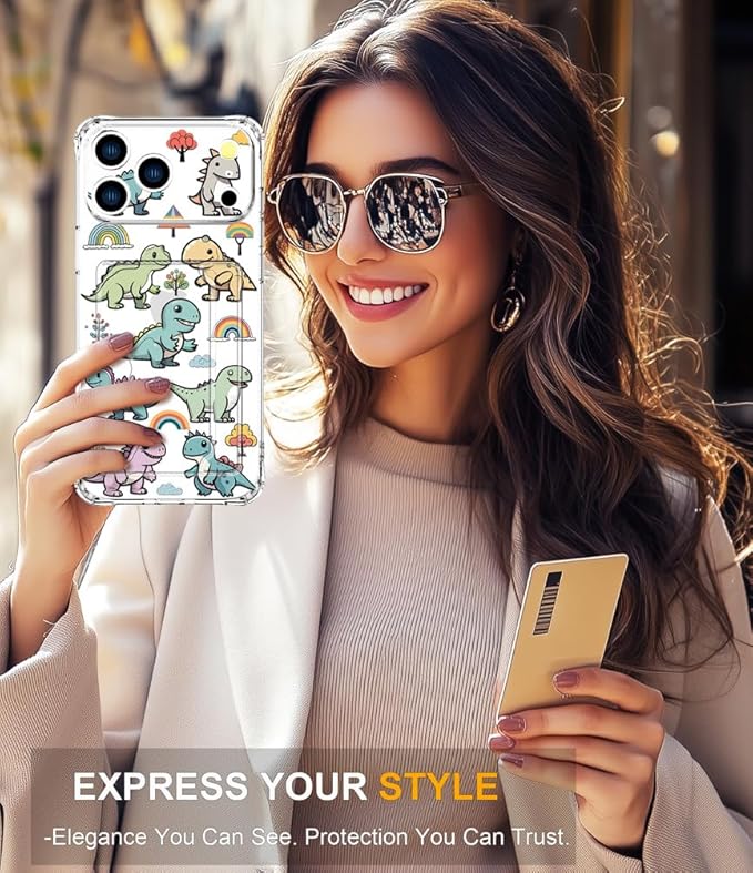Compatible with iPhone 17 Pro Case Card Holder for Women Cute Design,Wallet Phone Cases Transparent Cool Kawaii Protective (Clear Lovely Dinosaurs)