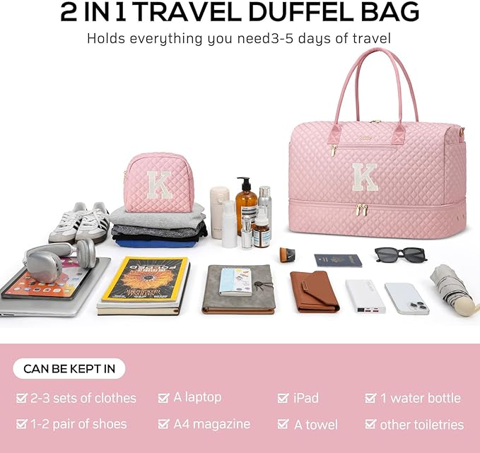 Letter Weekender Bags for Womens - Duffle Bag with Shoe Compartment Personalized Overnight Bag with Toiletry Bag Duffel Bags for Gym Hospital Bags Gift for Women Pink (Letter K)