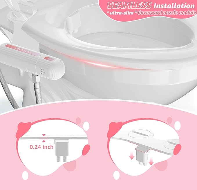 Ultra-Slim Bidet Attachment for Toilet, Non-Electric Dual Nozzle (Rear & Feminine Wash), Adjustable Water Pressure, Easy to Install, Fits Most Toilets, Stainless Steel Hose, Pink & White