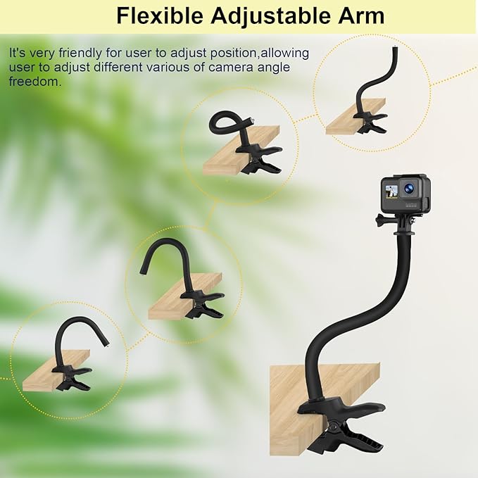 Upgraded Camera Jaws Flex Clamp Mount,11.8 inch Flexible Gooseneck Arm,Compatible for Gopro Hero 13/12/11/10/9/8/7/6/5/4/Max/Fusion,Insta360 one X1/X2/X3/R/RS,Mevo Start,DJI Osmo Pocket3 Action Camera