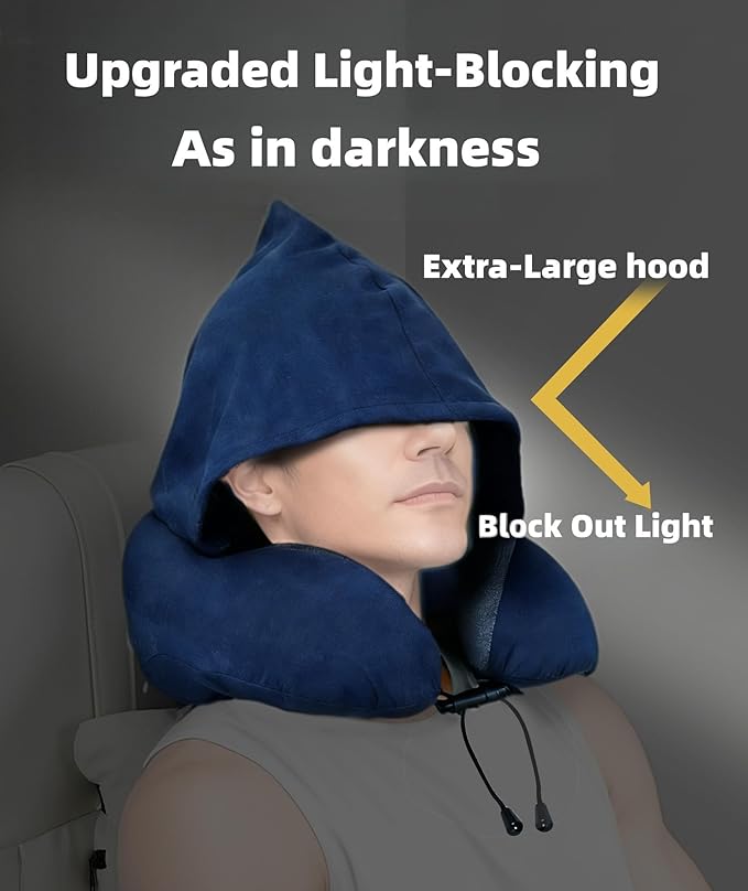 Travel Neck Pillow with Extra Large Hood Rollable Airplane Hooded Neck Pillow with Memory Foam Filling and Removable, Skin-Friendly Cover with a Carrying Pouch