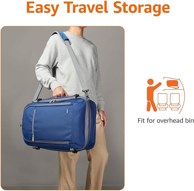 Amazon Basics Travel Backpack, Carry-On with Laptop Compartment, 40L Expandable Storage, Dual Use Backpack & Shoulder Bag with Multiple Compartments and Pockets, 15.8"W x 21.5"H x 8.3"D, Navy