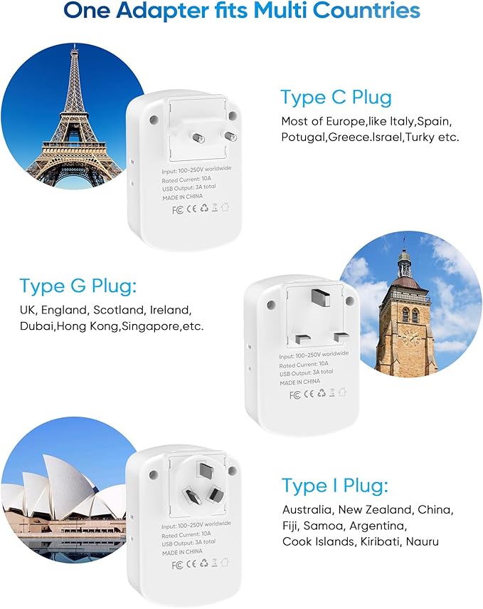 Kakyanill Universal Travel Adapter, Type A/C/G/I Plug Adapter, 5ft Detachable Extension Cord, 3 AC Outlets, 4 USB Ports (2 USB C), UK Europe Australia International Power Adapter