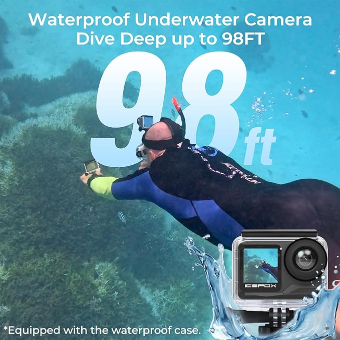 icefox Action Camera 4K 60FPS 20MP, Underwater with EIS,5XZoom,App Support Video&Photo Editing,Waterproof Camera WiFi Remote Control for Cycling, Swimming, and Diving
