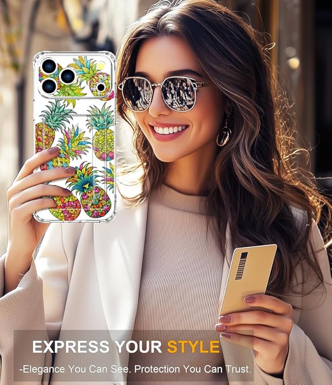 Compatible with iPhone 17 Pro Case Card Holder for Women Cute Design,Wallet Phone Cases Transparent Cool Kawaii Protective (Clear Pineapple Fruit Tropical)