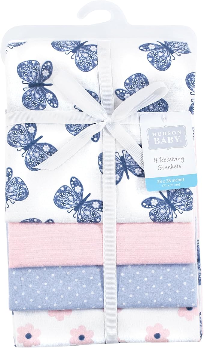 Hudson Baby Unisex Baby Cotton Flannel Receiving Blankets 4-Pack, Beautiful Butterfly, One Size