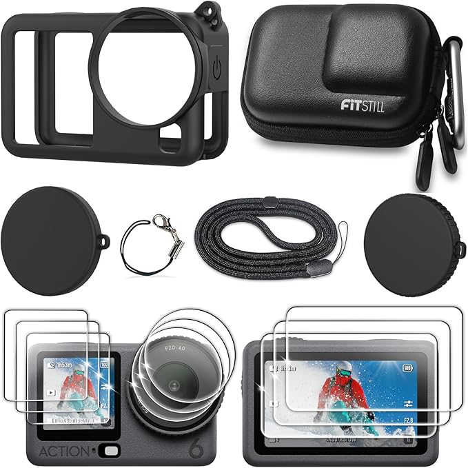 FiTSTILL Protective Kit for DJI OSMO Action 6,Silicone Protective Case+Lens Cap+Lanyard+Tempered Glass Screen Protector+Carrying Case,Action 6 Accessory
