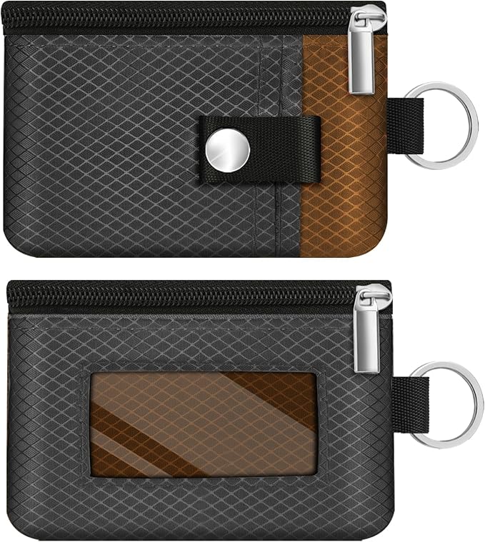 Minimalist RFID Blocking Small Wallet with ID Window,WaterResistant Zip Id Case Wallet with Lanyard Keychain for Cards,Cash,Travel,Women,Men（Drak Grey/Brown）