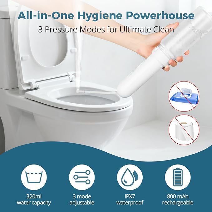 Portable Bidet for Travel 320ML,Rechargeable Handheld Bidet for Women & Men IPX7 Waterproof Toilet Sprayer |Personal Hygiene Sprayer Compact for Postpartum Care (White, 320ml)
